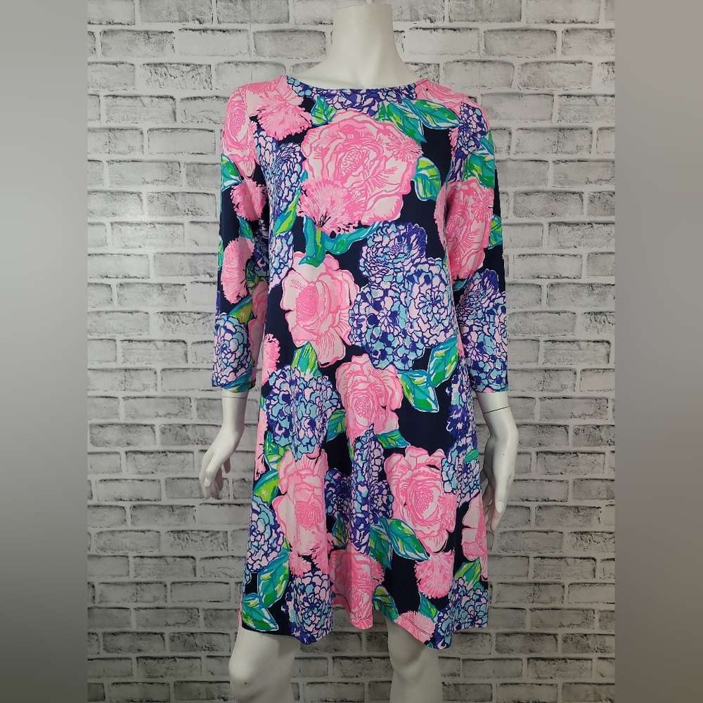 NWOT Lilly Pulitzer Ophelia Swing Dress in High Tide Navy Hey Hey Bouquet Size L